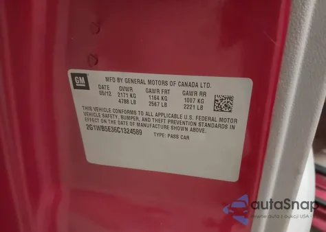 2012 Chevrolet Impala Lt z USA, uszkodzony, nr VIN 2G1WB5E36C1324589